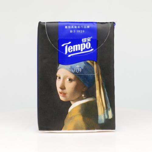 得宝|Tempo艺术系列戴珍珠耳环的少女手帕纸巾第3款正面图-纸巾博物馆